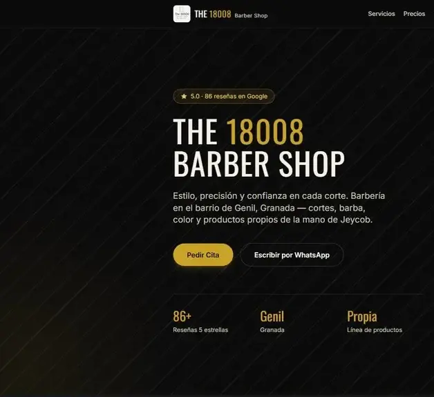 Portada de la web de The 18008 Barber Shop: fondo negro, el nombre en dorado, la valoración de Google y dos botones para pedir cita.
